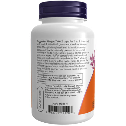 Back label of NOW Foods Methylsulfonylmethane capsules highlighting the supplement facts and vegetarian formula
