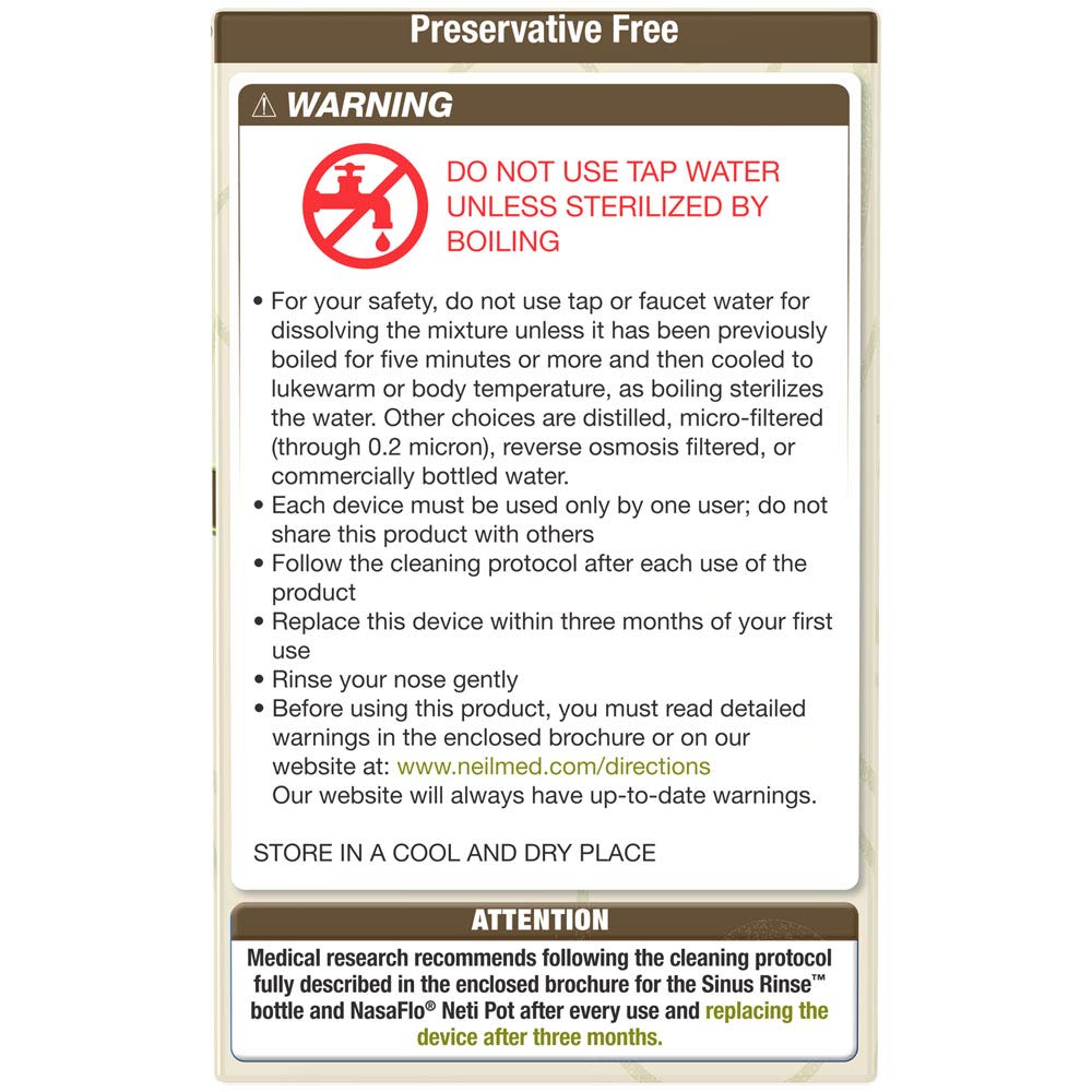 Back of NeilMed Sinus Rinse box showing ingredients and usage