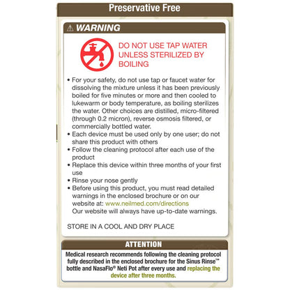 Back of NeilMed Sinus Rinse box showing ingredients and usage
