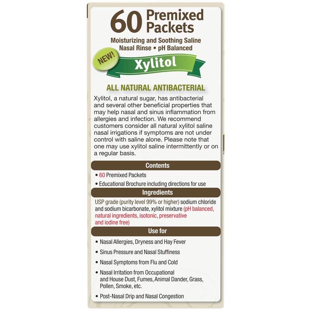 Side view of NeilMed Sinus Rinse box with xylitol information
