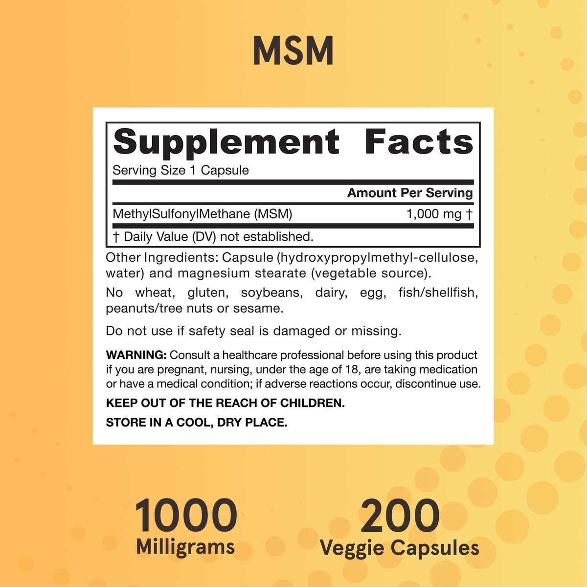 Jarrow Formulas methylsulfonylmethane bottle with ingredients listed