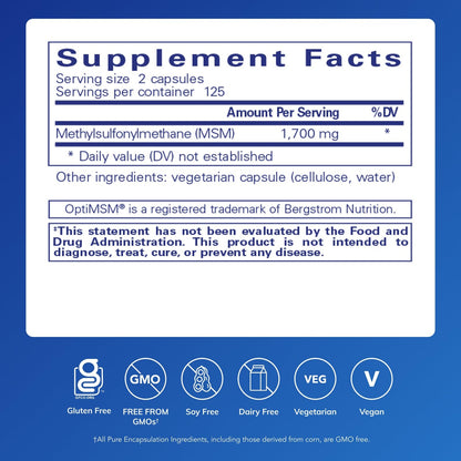 Pure Encapsulations organic sulfur capsules supplemental facts label showcasing 1700 mg dosage information