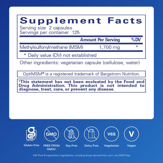 Pure Encapsulations organic sulfur capsules supplemental facts label showcasing 1700 mg dosage information
