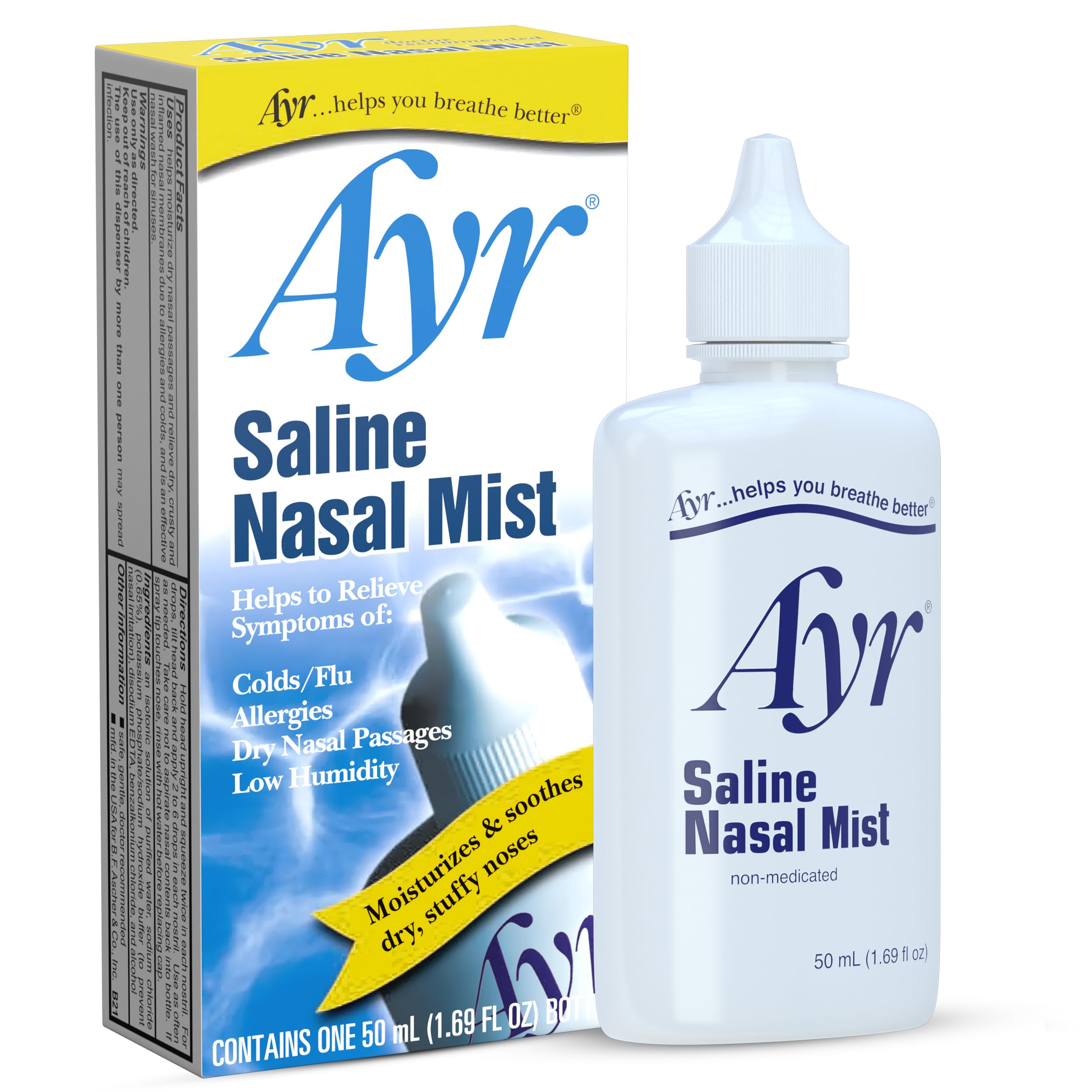 Two bottles of Ayr Saline Nasal Mist for nasal relief