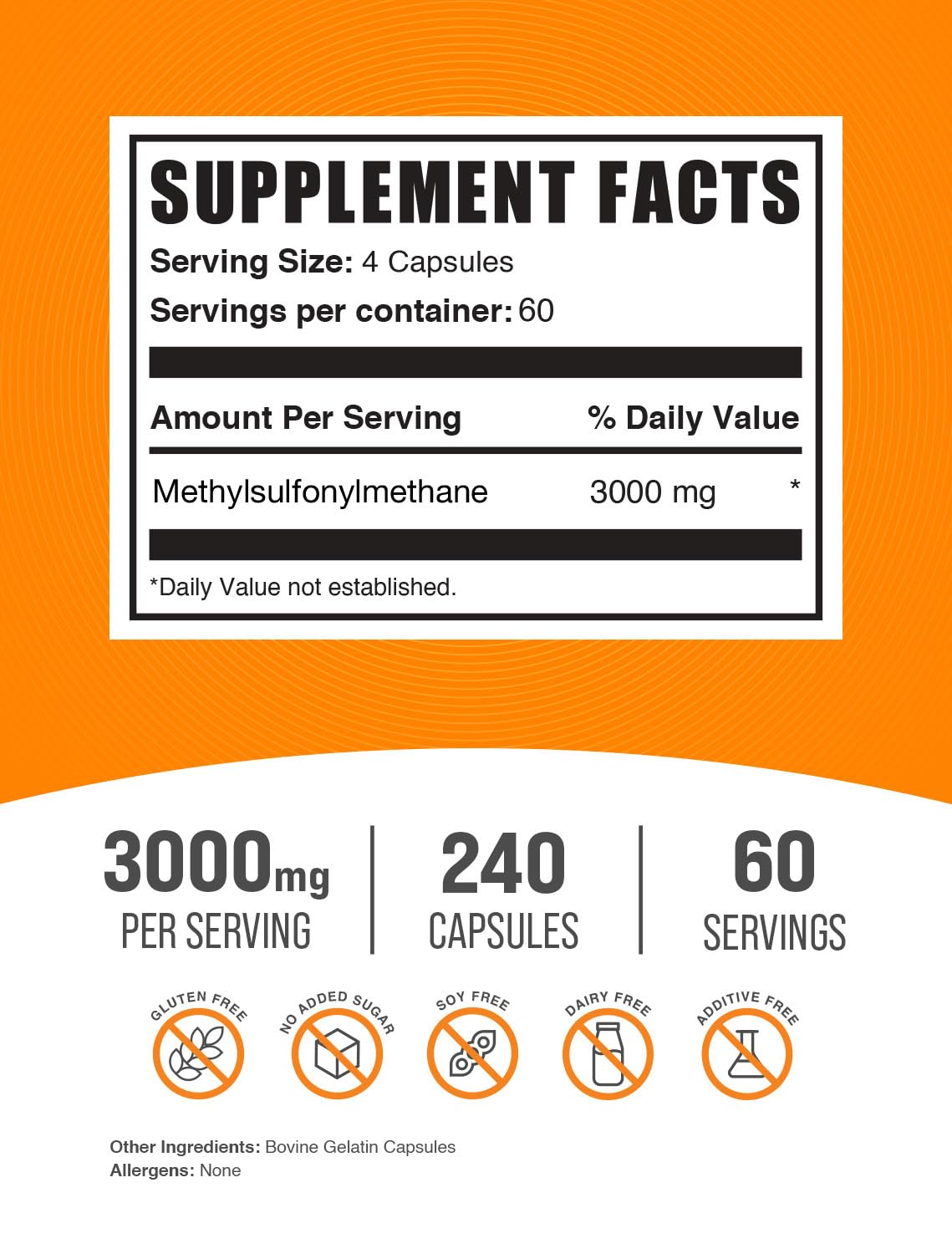 BulkSupplements Methylsulfonylmethane 240 capsules nutritional facts label side