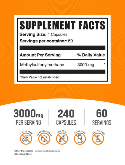 BulkSupplements Methylsulfonylmethane 240 capsules nutritional facts label side