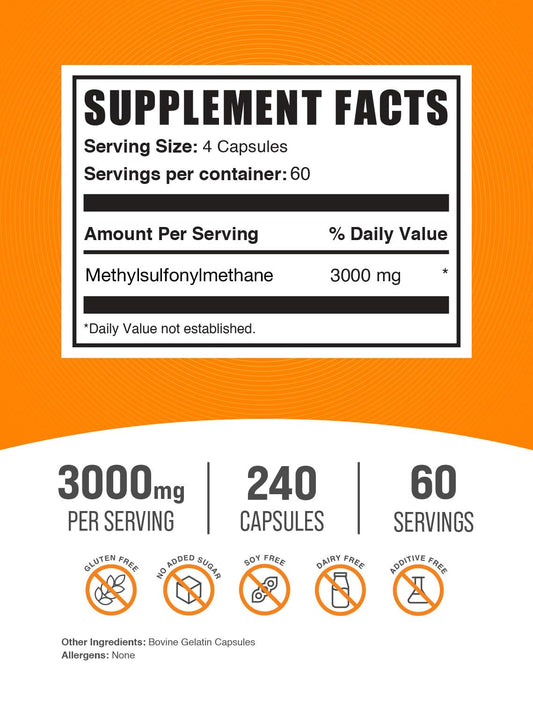 BulkSupplements Methylsulfonylmethane 240 capsules nutritional facts label side