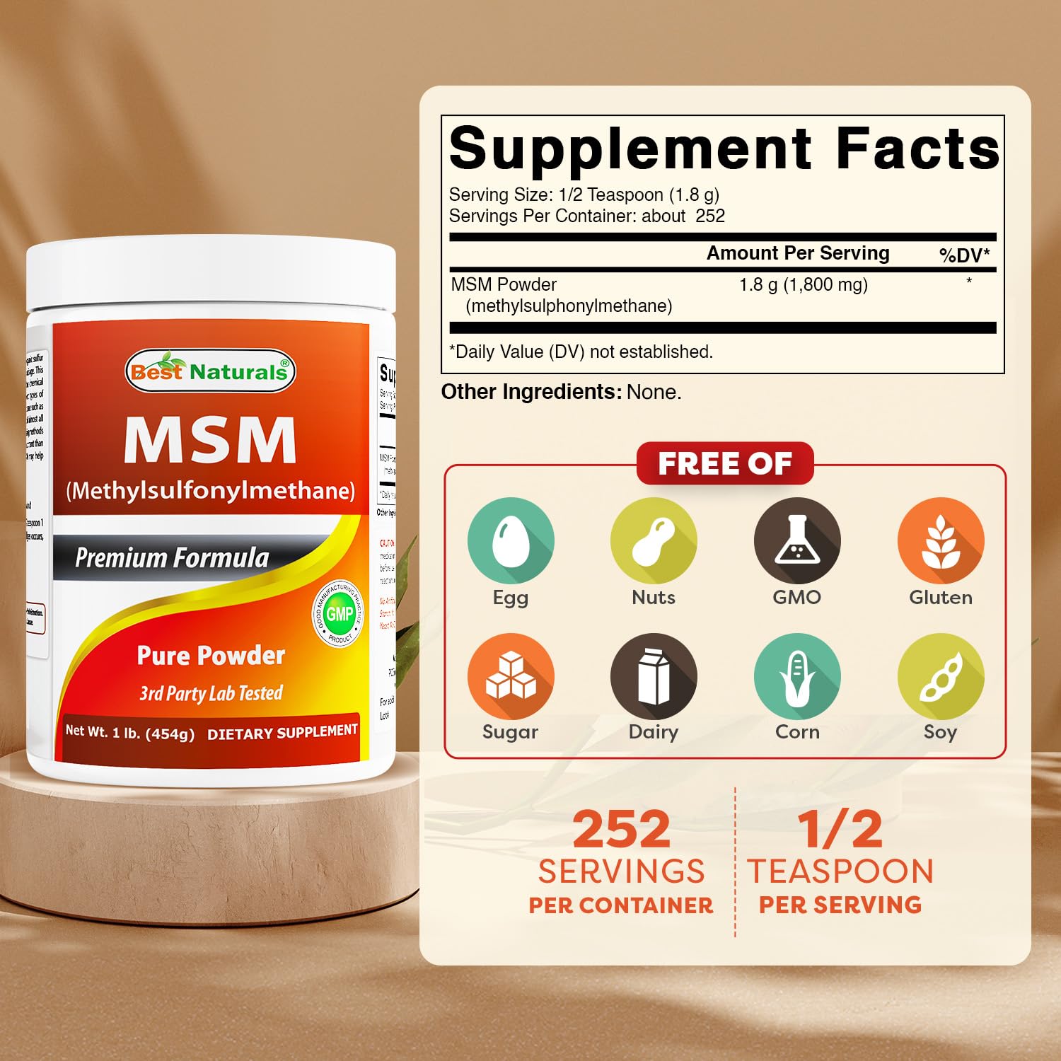 Best Naturals Methylsulfonylmethane supplement powder nutrition facts label