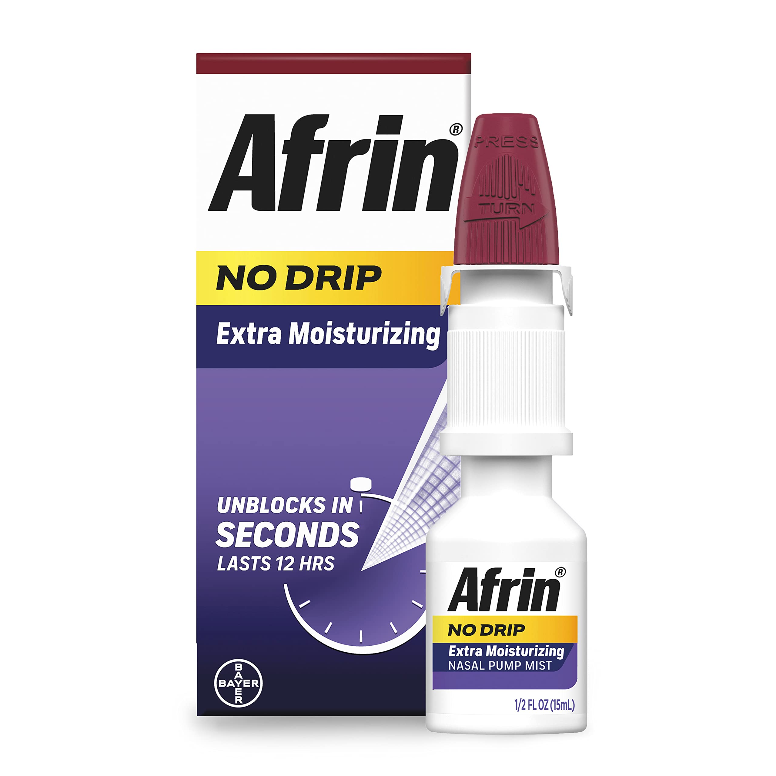 Afrin nasal spray packaging showing 12 hour relief benefits.