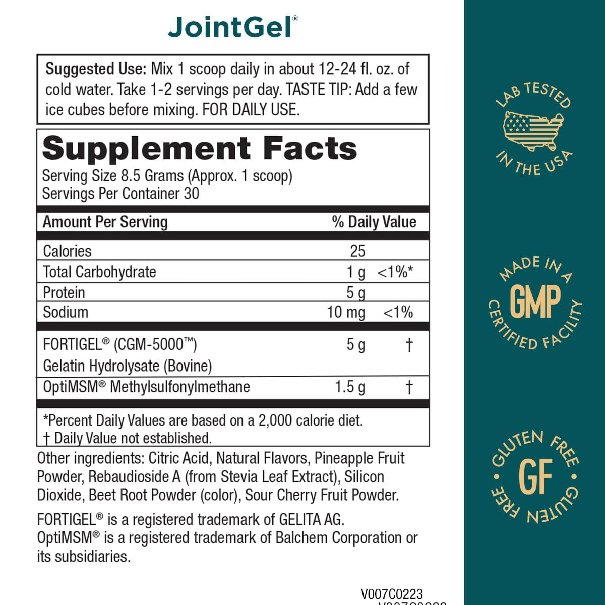 Purity Products JointGel mixed berry powder nutritional facts label