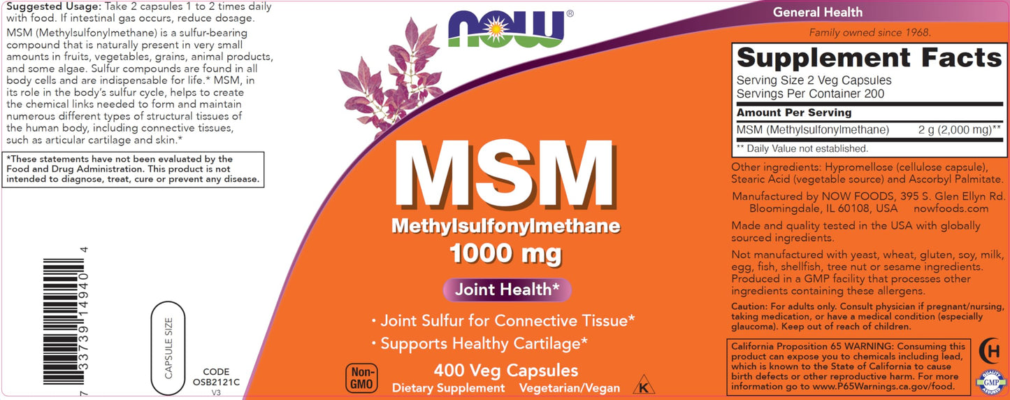 NOW Foods methylsulfonylmethane 1000 mg dietary supplement bottle side panels