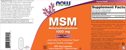 NOW Foods methylsulfonylmethane 1000 mg dietary supplement bottle side panels