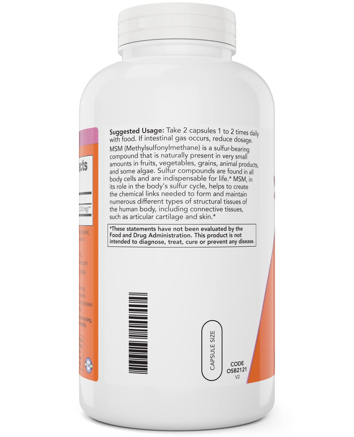 NOW Foods vegan MSM capsules nutrition facts panel showing 1000 mg dosage