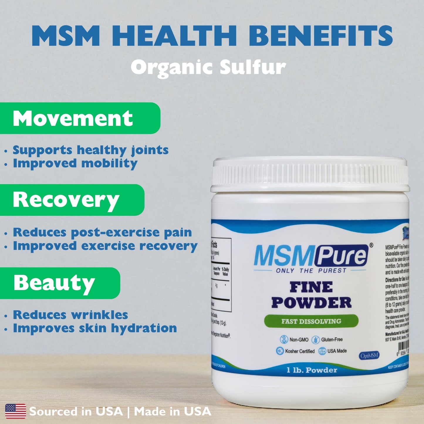 Kala Health OptiMSM organic sulfur powder dietary supplement packaging details