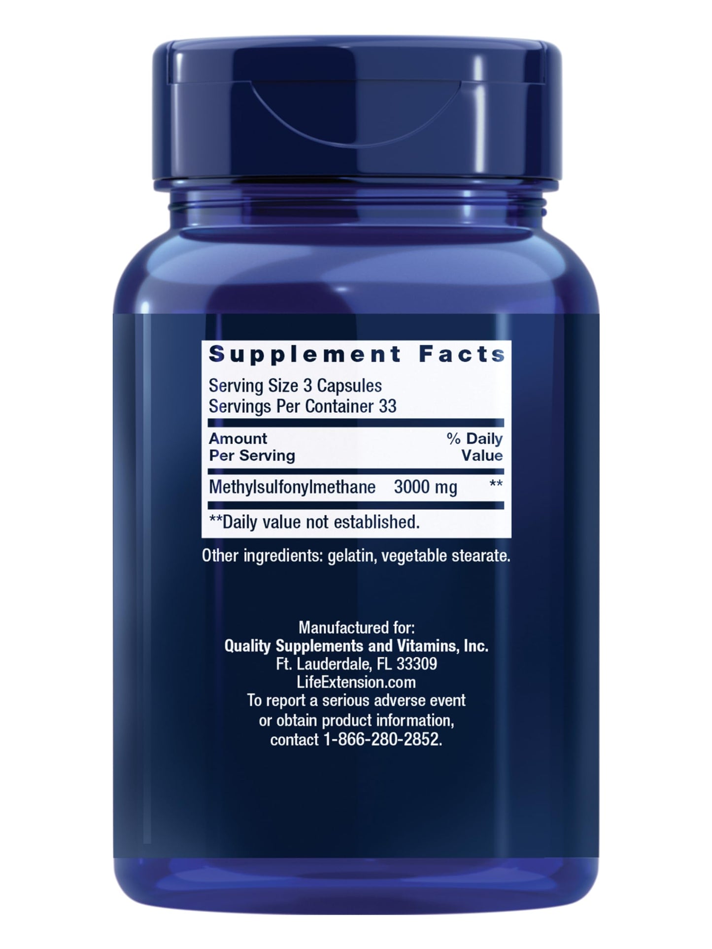 Life Extension MSM 1000 mg 100 capsules dietary supplement label information