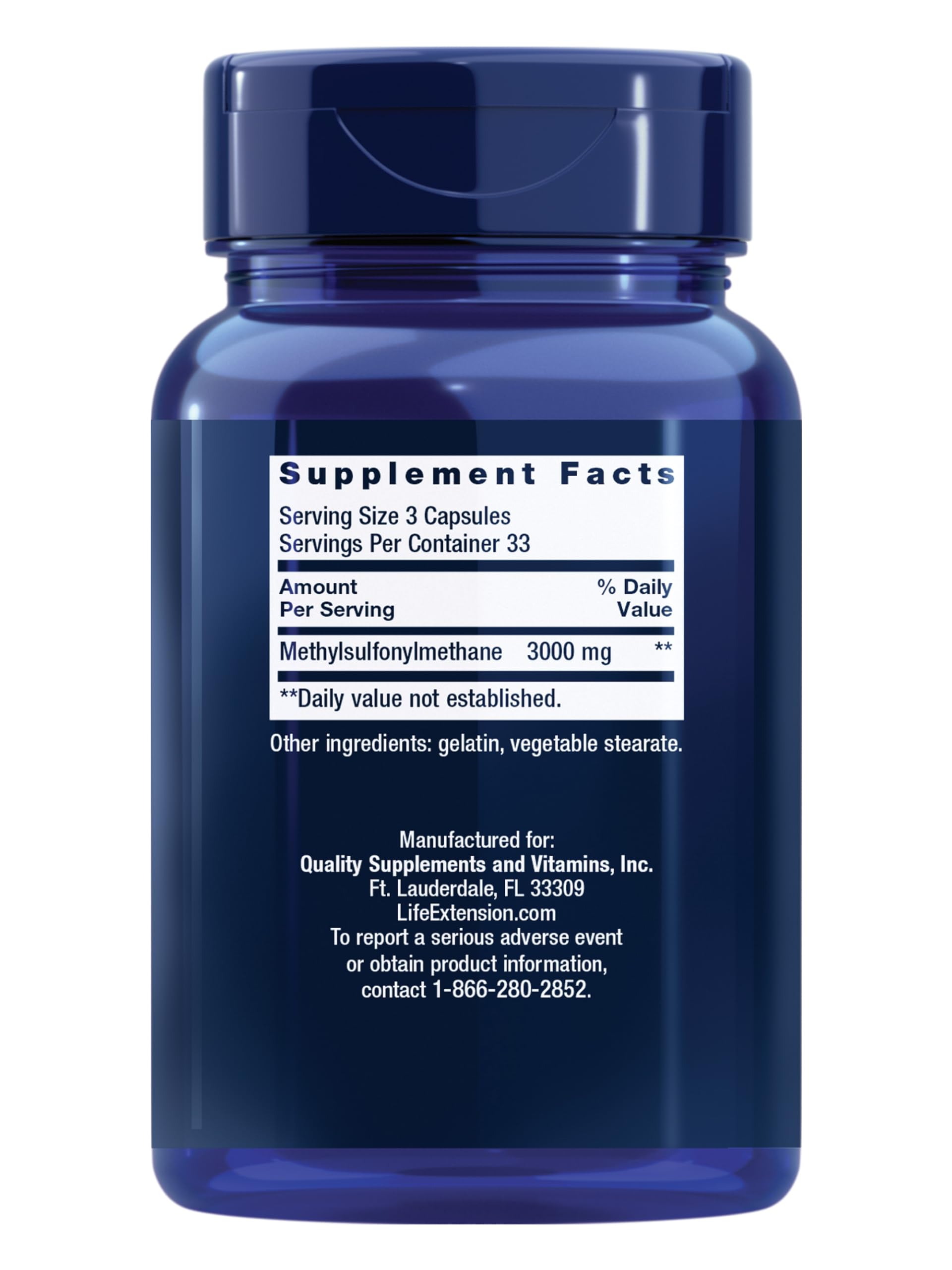 Life Extension MSM 1000 mg 100 capsules dietary supplement label information