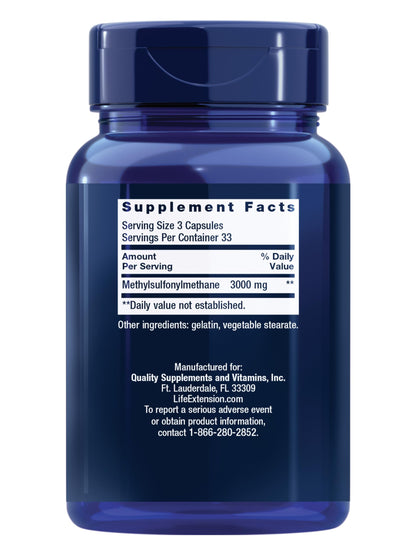 Life Extension MSM 1000 mg 100 capsules dietary supplement label information