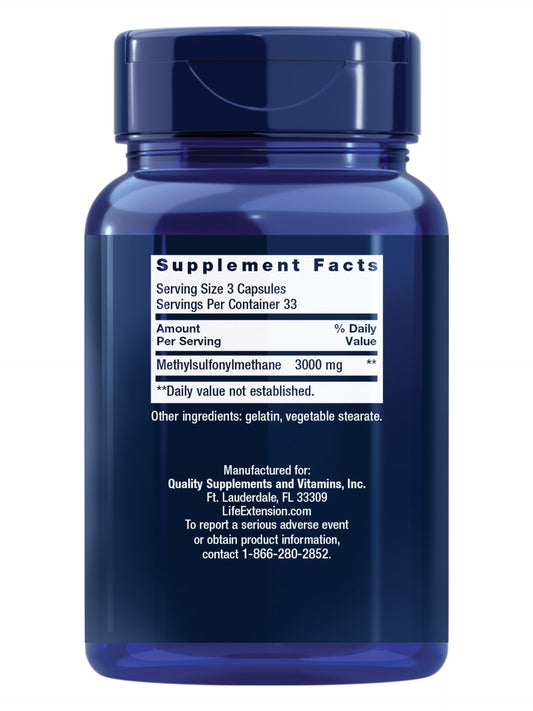 Life Extension MSM 1000 mg 100 capsules dietary supplement label information