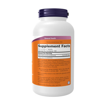 NOW Foods Methylsulfonylmethane vegetarian tablets nutritional facts labels showing organic sulfur dosage.