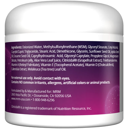 Topical MSM moisturizer balm by MRM Nutrition demonstrating the ideal texture for hand and scar support.