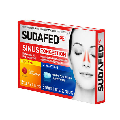 Sudafed PE sinus relief medicine box on white background