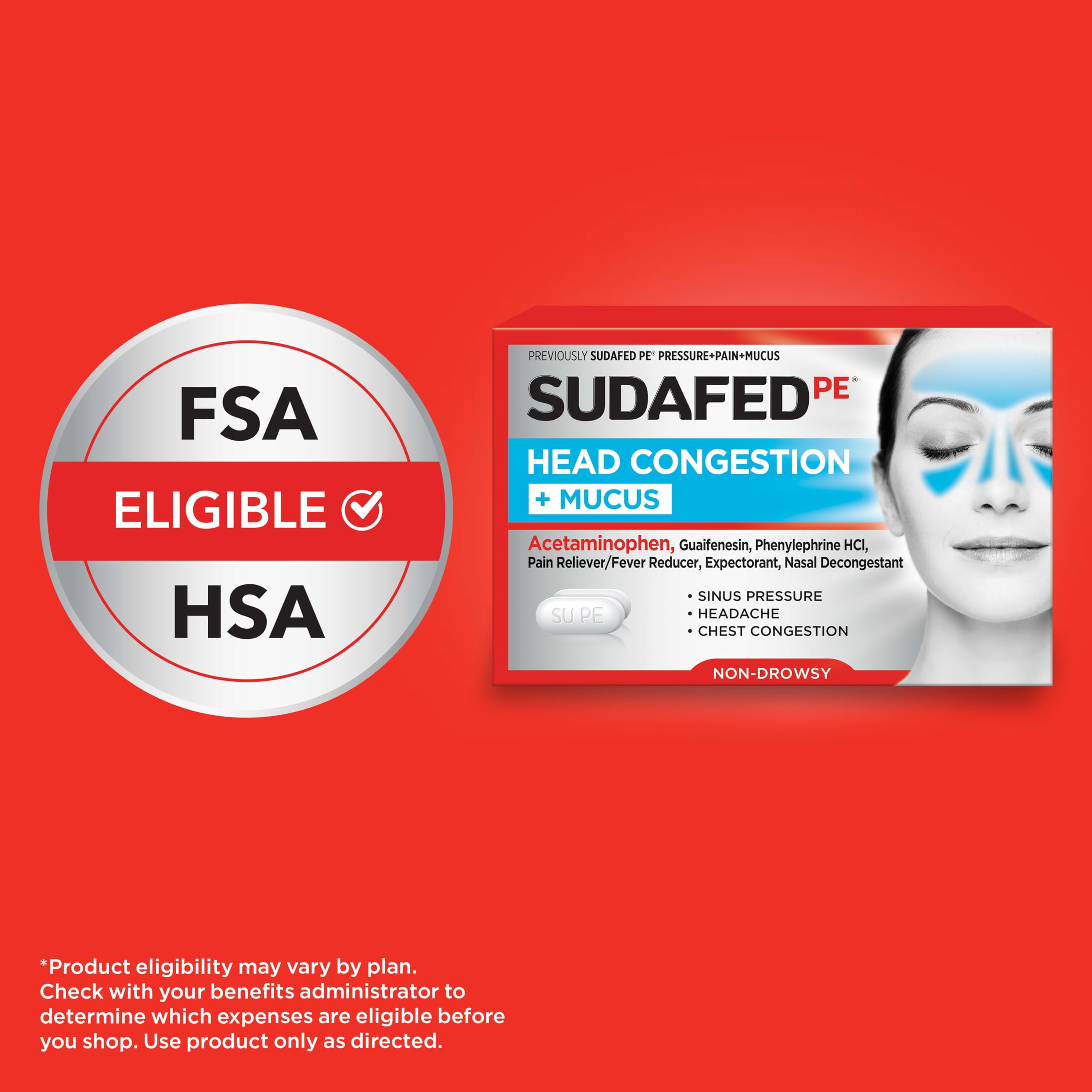 Close up of 24 count Sudafed PE tablet box branding