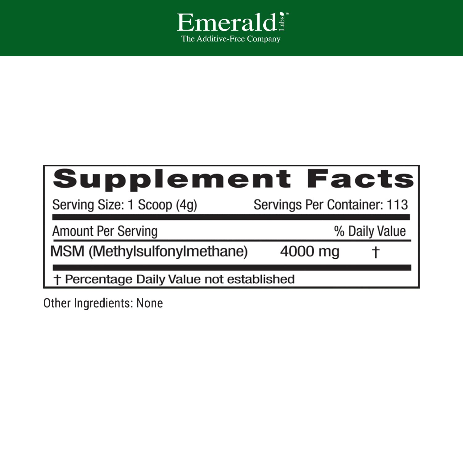 Emerald Labs Methylsulfonylmethane plant sourced dietary supplement powder container showing ingredient purity.