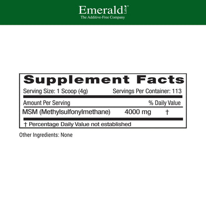 Emerald Labs Methylsulfonylmethane plant sourced dietary supplement powder container showing ingredient purity.