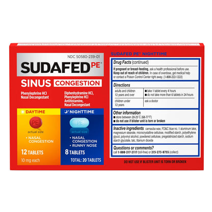 Detailed view of Sudafed PE day and night dosage instructions