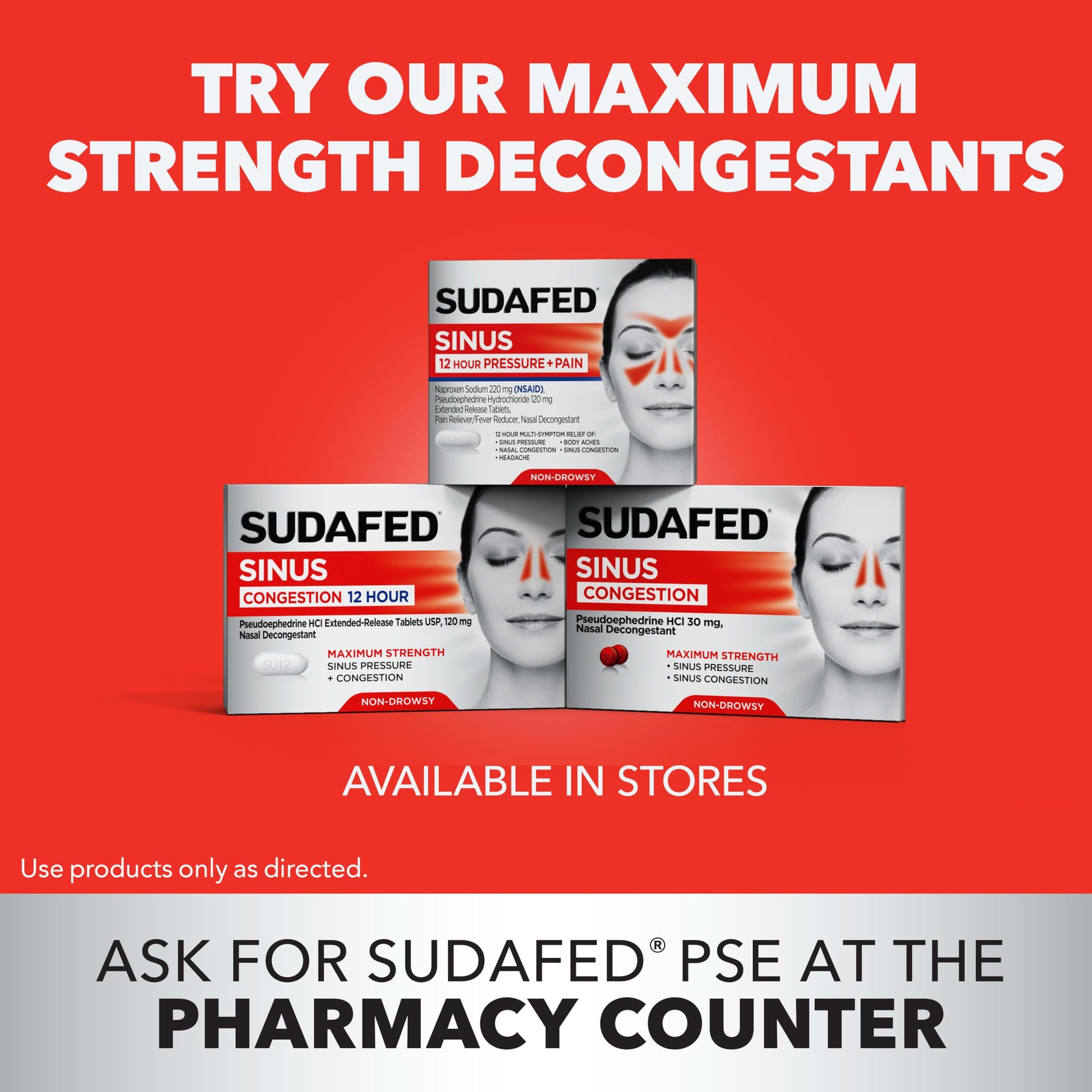 Top angle view of Sudafed PE non-drowsy sinus relief tablets
