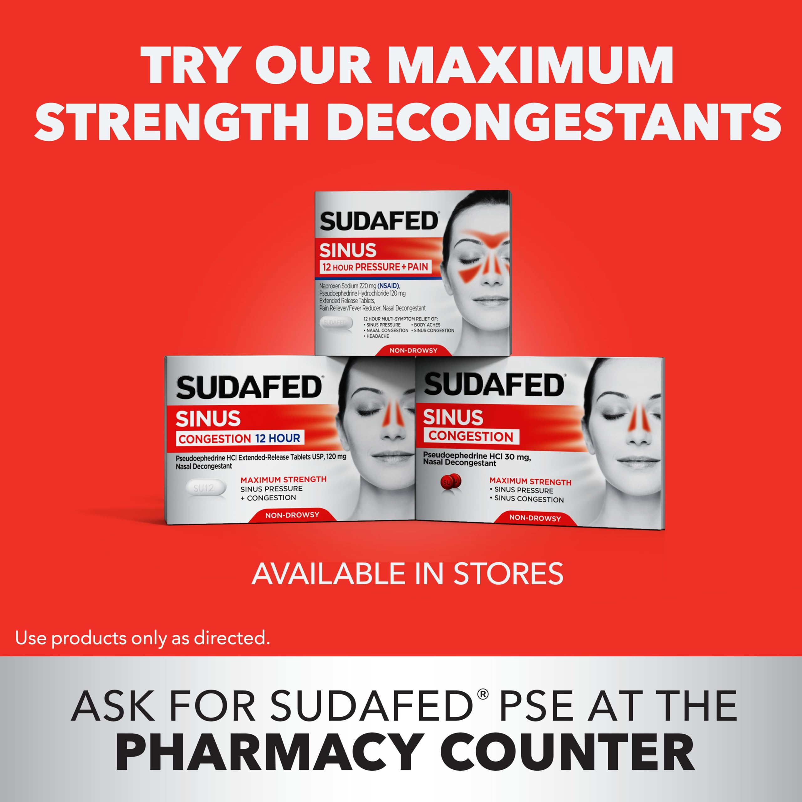 Top angle view of Sudafed PE non-drowsy sinus relief tablets