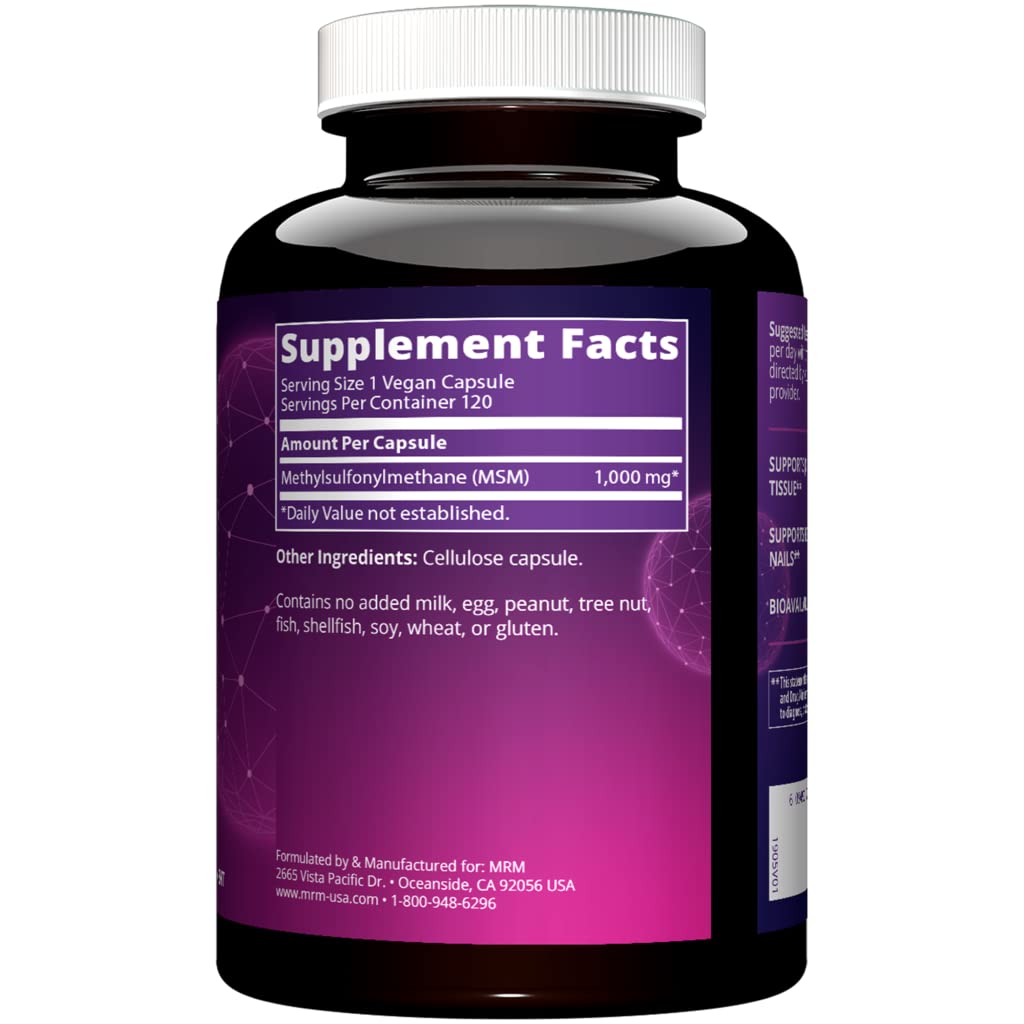 MRM Nutrition MSM 120 vegan capsules supplement label details