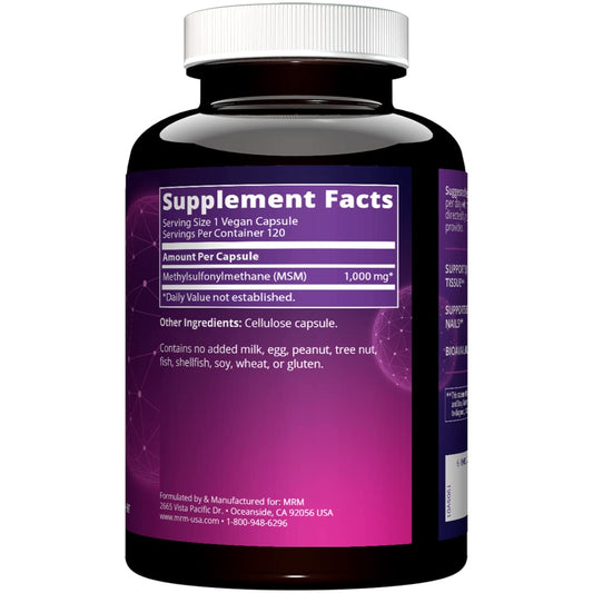 Pure methylsulfonylmethane 1000mg capsules by MRM Nutrition for hair skin and nail strength