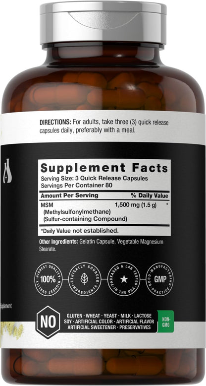 Horbaach methylsulfonylmethane 1500mg capsules supplement facts and ingredient panel view