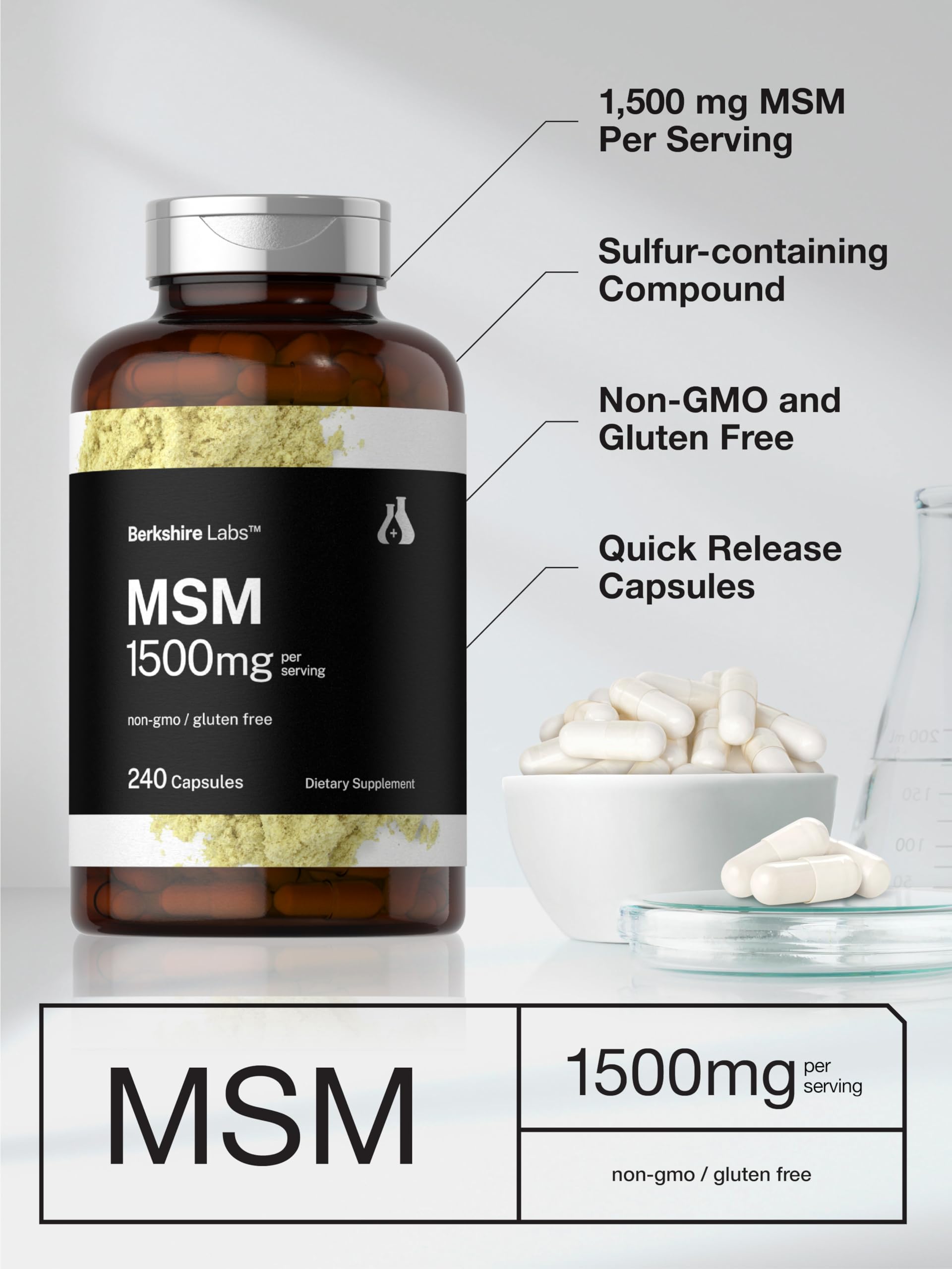 Horbaach MSM 1500mg advanced sulfur dietary supplement product close up showing capsule count