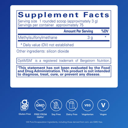Pure Encapsulations hypoallergenic organic sulfur powder supplement label showing ingredients