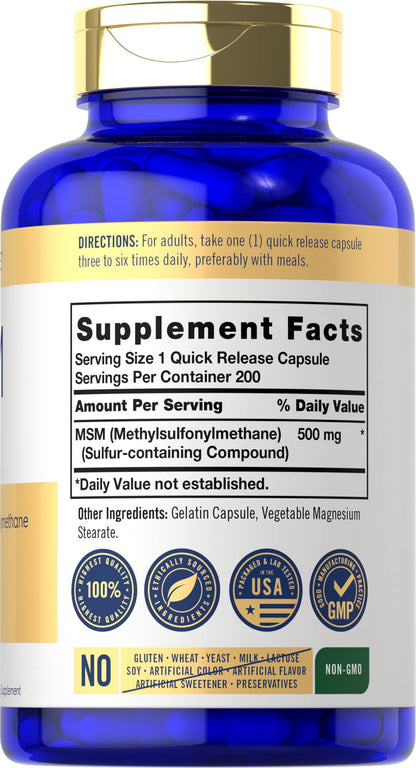 Carlyle Methylsulfonylmethane 500mg dietary supplement nutrition label and facts
