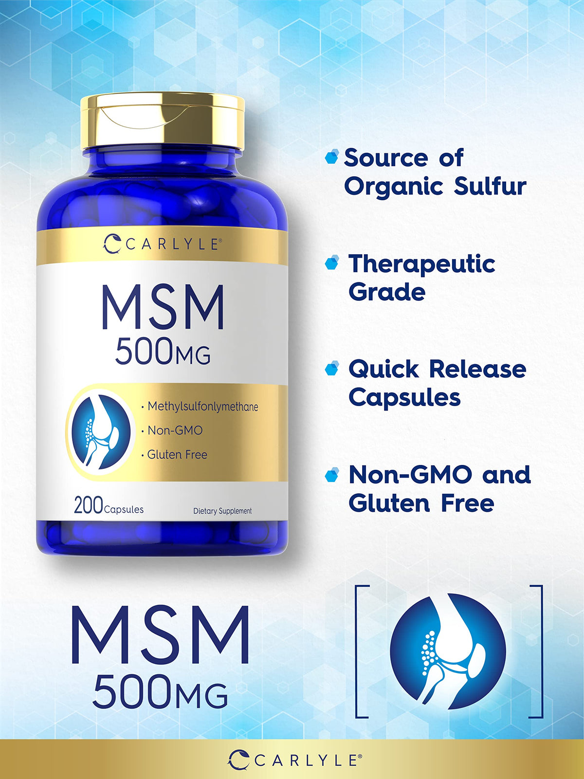 Close up of the Carlyle MSM supplement label highlighting nutritional facts and ingredient details.