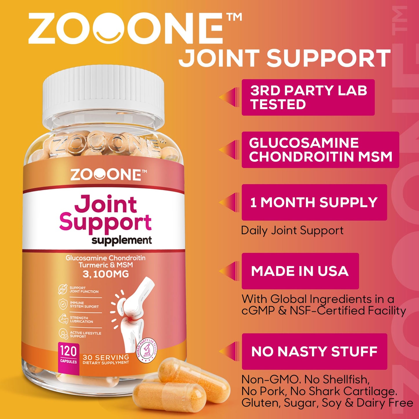 Side angle view of Zooone Advanced Joint Support bottle detailing glucosamine and chondroitin benefits.