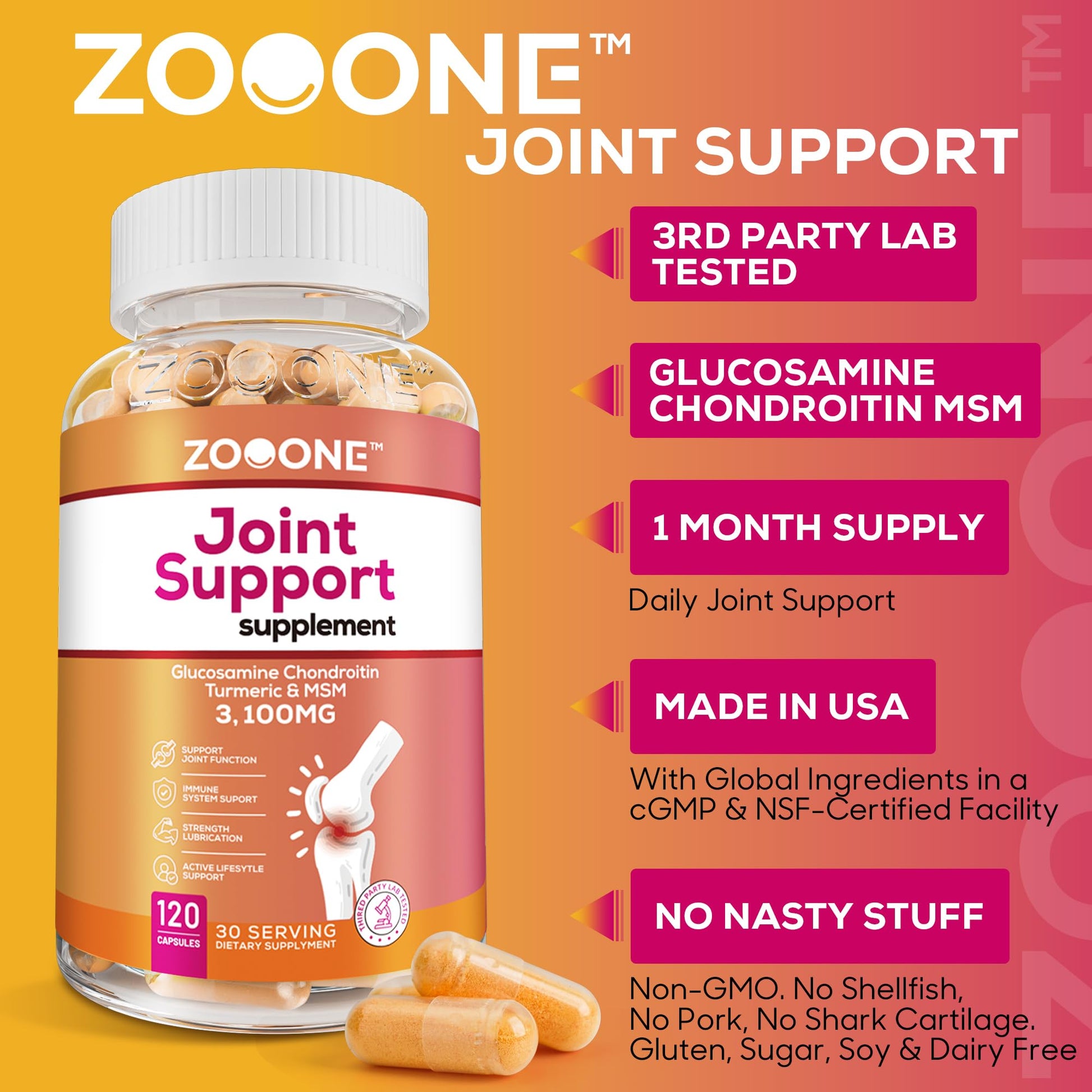 Side angle view of Zooone Advanced Joint Support bottle detailing glucosamine and chondroitin benefits.
