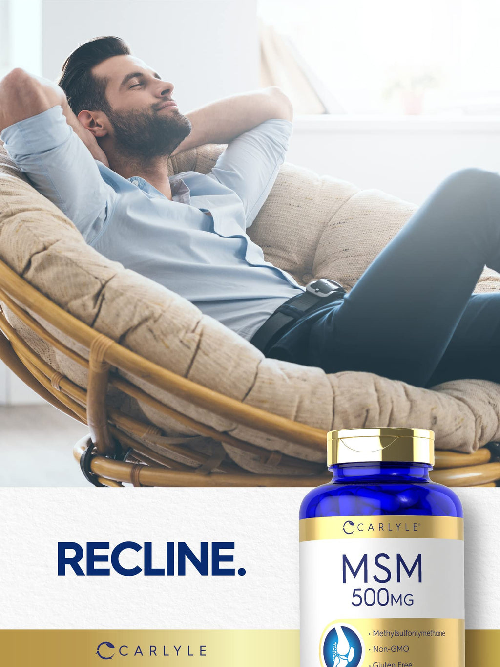 Carlyle MSM quick release capsules displayed outside the container for clarity.