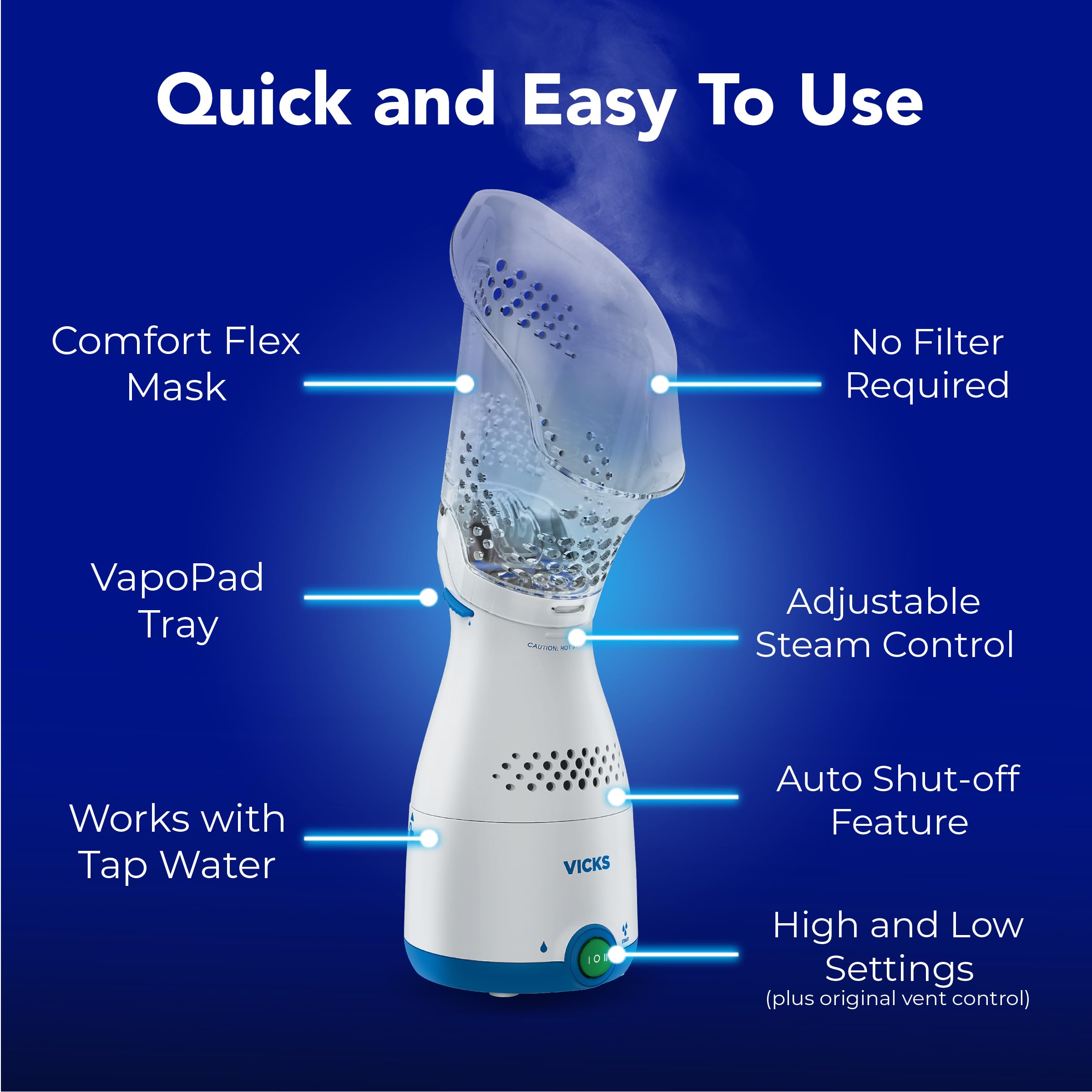 Side profile of Vicks steam inhaler with variable steam control dial