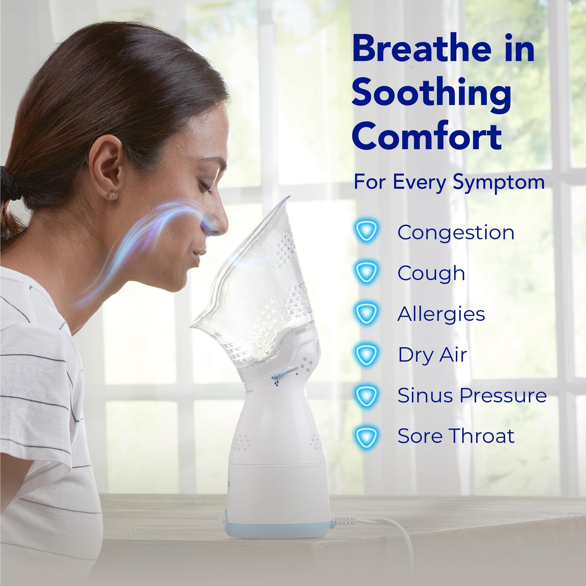 User demonstrating proper use of Vicks sinus steam inhaler