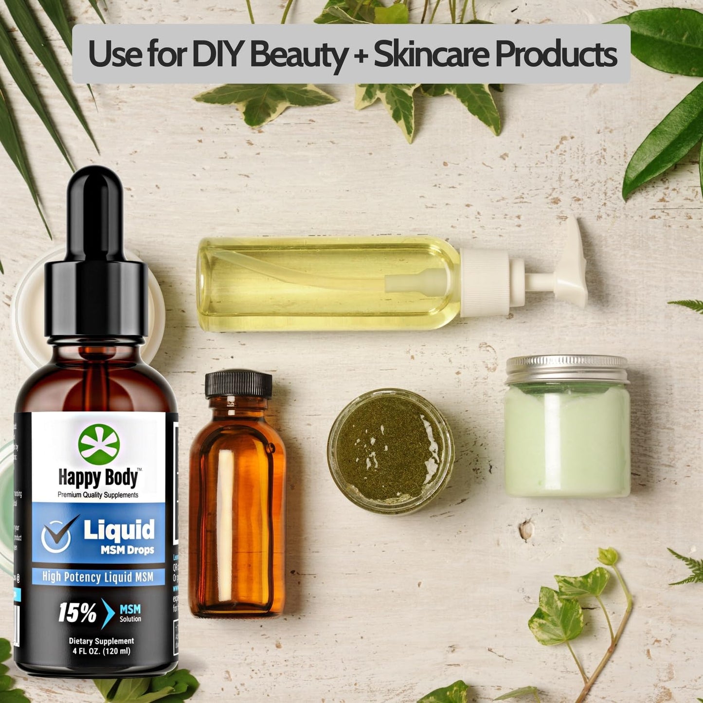 Happy Body Liquid MSM Drops application demonstration for topical skincare use