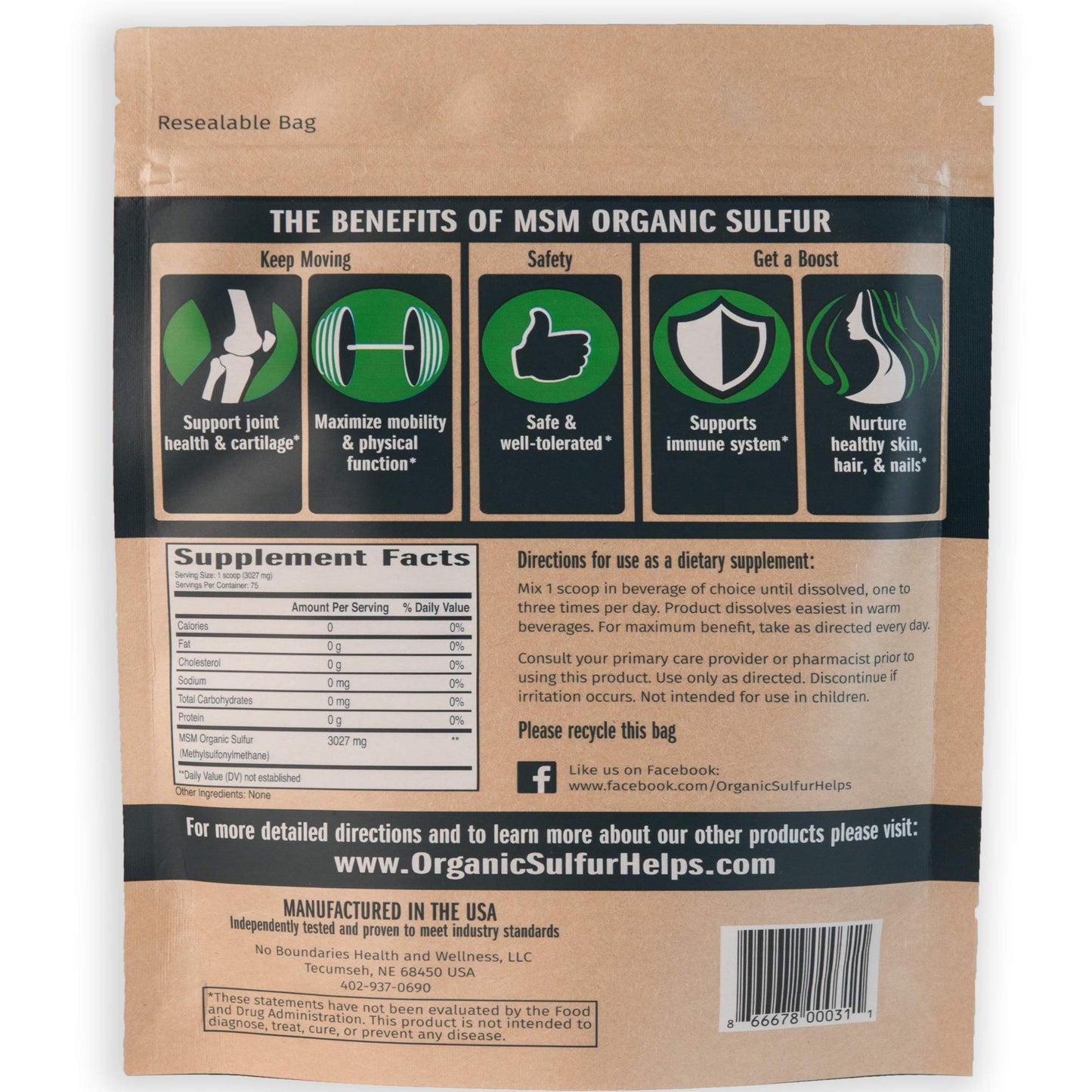No Boundaries Health and Wellness MSM Organic Sulfur Crystals ingredient and purity label view