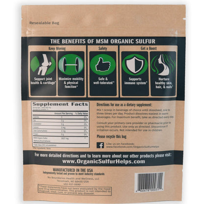No Boundaries Health and Wellness MSM Organic Sulfur Crystals ingredient and purity label view