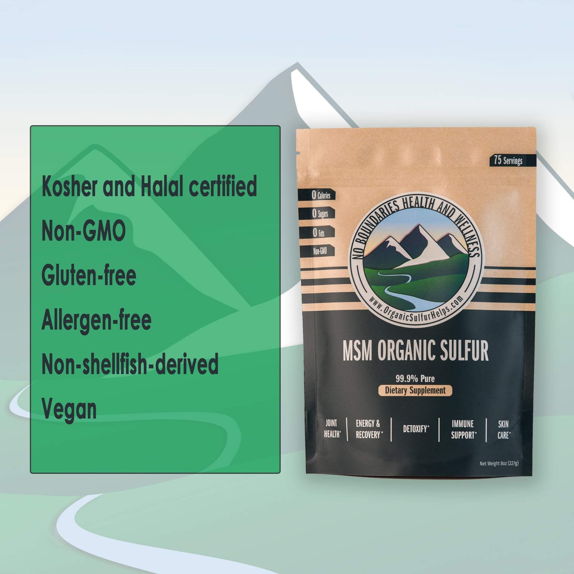 No Boundaries Health and Wellness MSM Organic Sulfur Crystals nutritional facts and serving size information