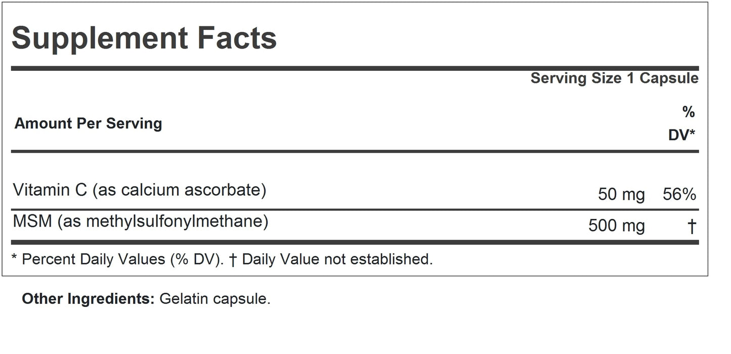 Andrew Lessman Methyl Sulfonyl Methane supplement label showing ingredients and Vitamin C count.