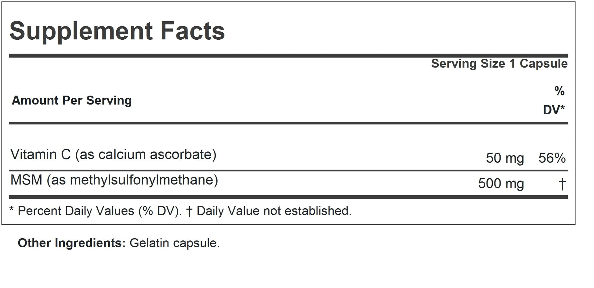 Andrew Lessman Methyl Sulfonyl Methane supplement label showing ingredients and Vitamin C count.
