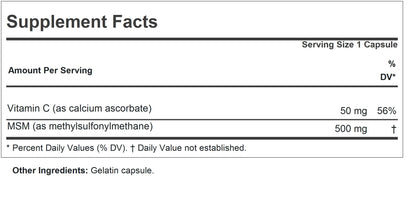 Andrew Lessman Methyl Sulfonyl Methane supplement label showing ingredients and Vitamin C count.